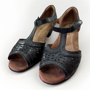Rockport Cobb Hill Sandal Womens 7 T-Strap Block Heel Black Floral Leather Boho